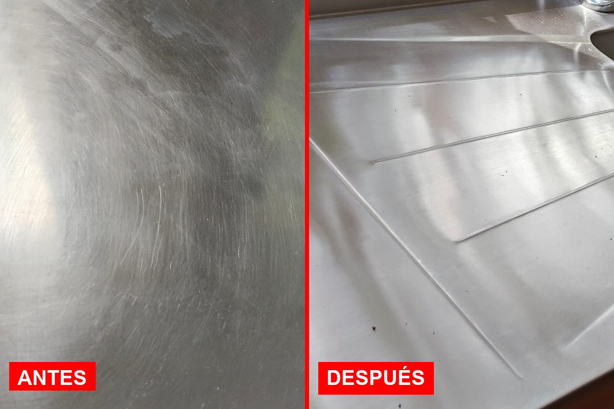 Comparativa antes y después de una tarja de acero inoxidable rayada, emparejada con rodillo de fibra verde Galeo